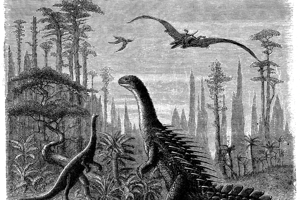 Restoration of a Jurassic landscape with dinosaurs